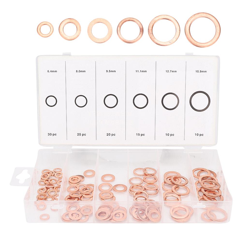 110 pcs Mixed Size Copper Washer Assortment Flat Ring Oil Brake Line Seal