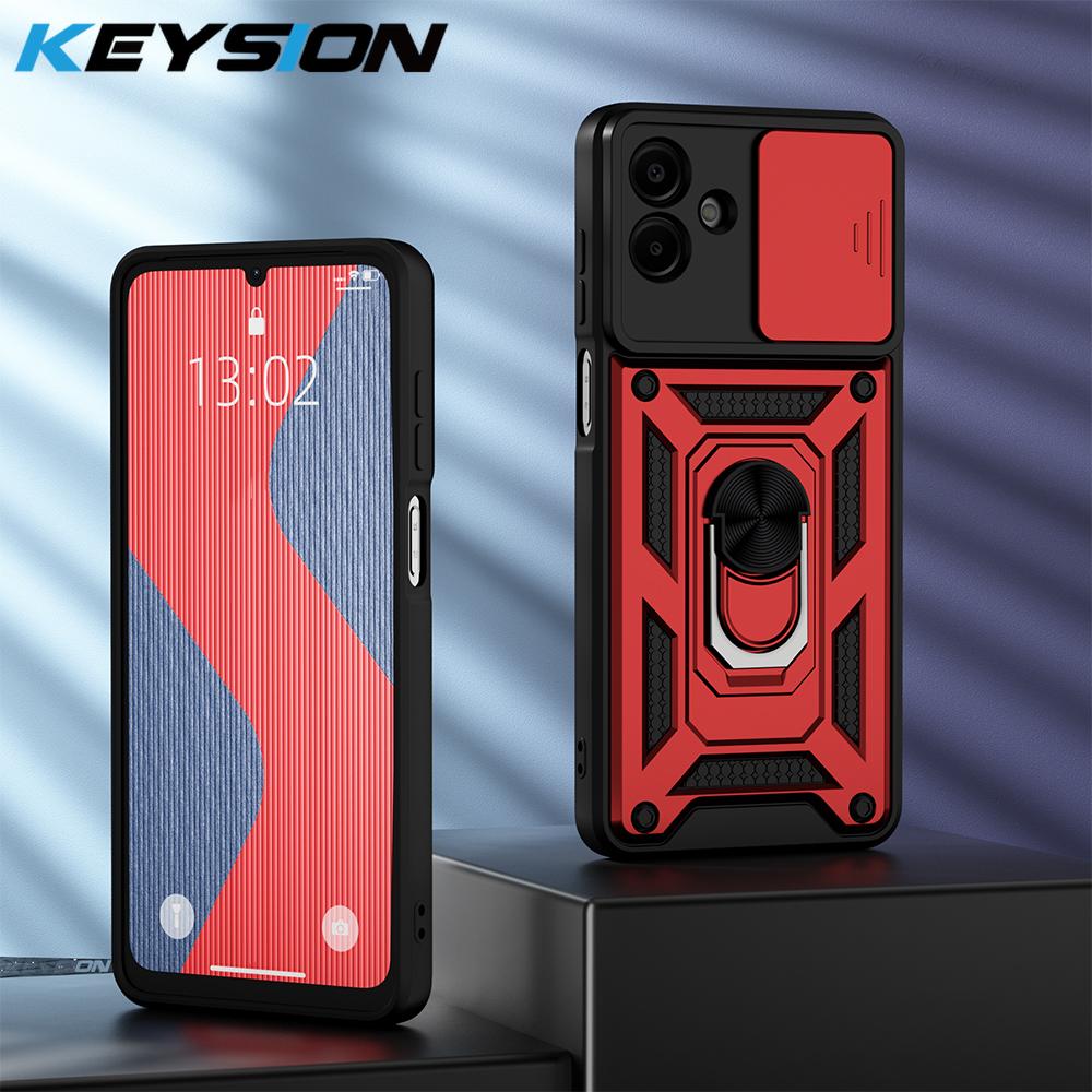 KEYSION Stoßfeste Panzerhülle für Samsung A07 4G Silikon+PC Schiebekamera Objektivschutz Ringständer Handyhülle für Galaxy A07