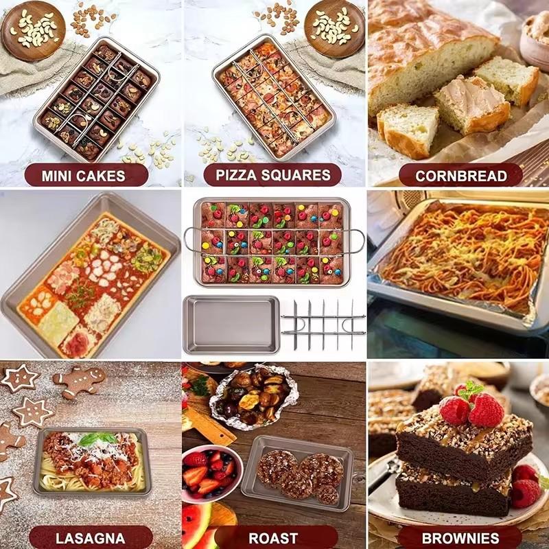 Nepřilnavá forma na brownies s děliči, Karbonová ocelová pečicí forma s úchyty pro pečení v troubě, 18 předřezaných čtvercových formiček na brownies