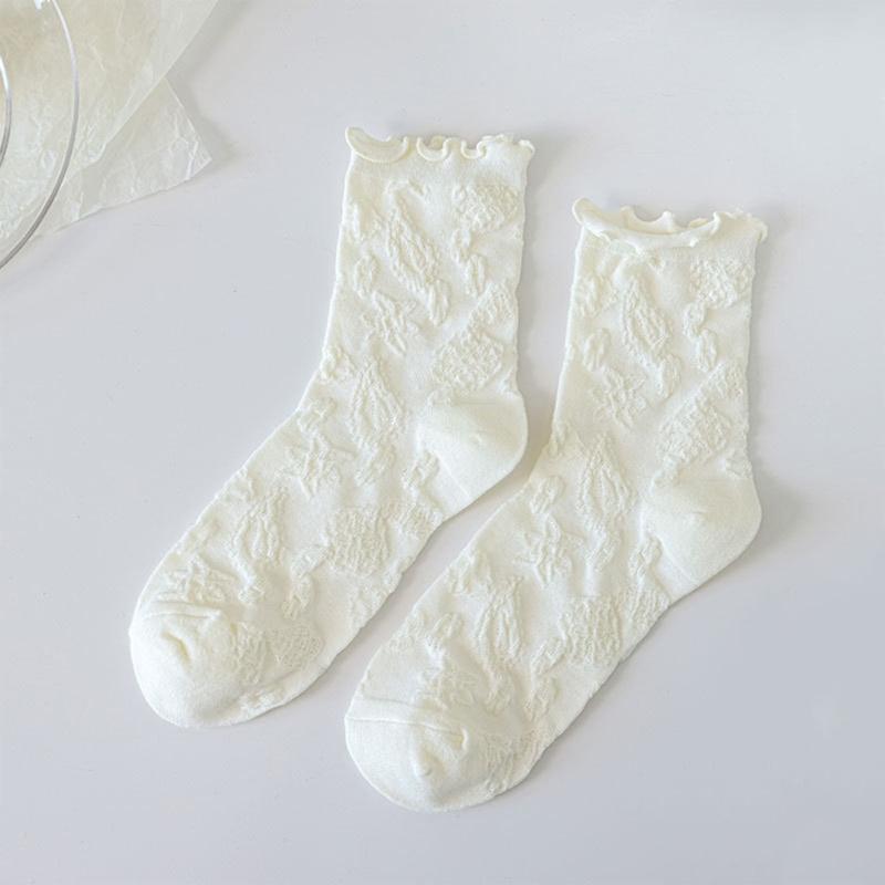 JK Girl Ruffle Lace Trim Cotton Ankle Socks Jacquard Knit Frilly Socks for Women