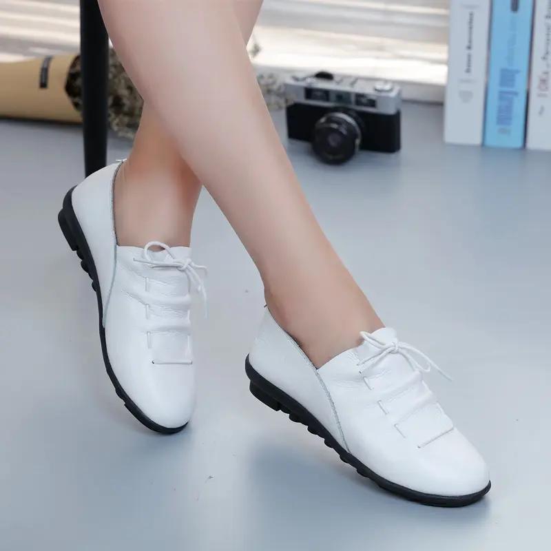 Women Shoes Loafers Lace Up Leather Flat New Spring Casual Comfortable Mom Shoe Mujer Zapatos Chaussure Femme