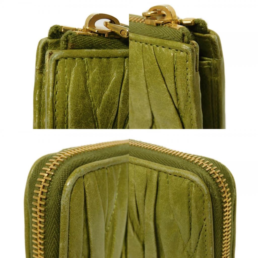 Used Matelasse Zip Around Wallet (12166) with wrinkled L-shaped zipper (5M1183 7940) Logo Metal Light Green Women's