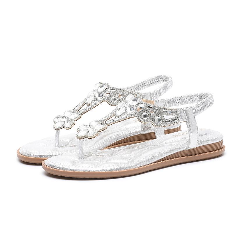 Women's Rhinestone Flower Thong Sandals Elastic Ankle Strap Comfort Flat Sandals