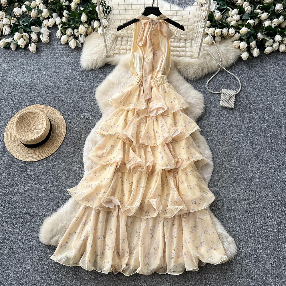 French romantic style V-neck neck floral dress women's summer sweet sleeveless ruffle leaf edge cake dress looking thin