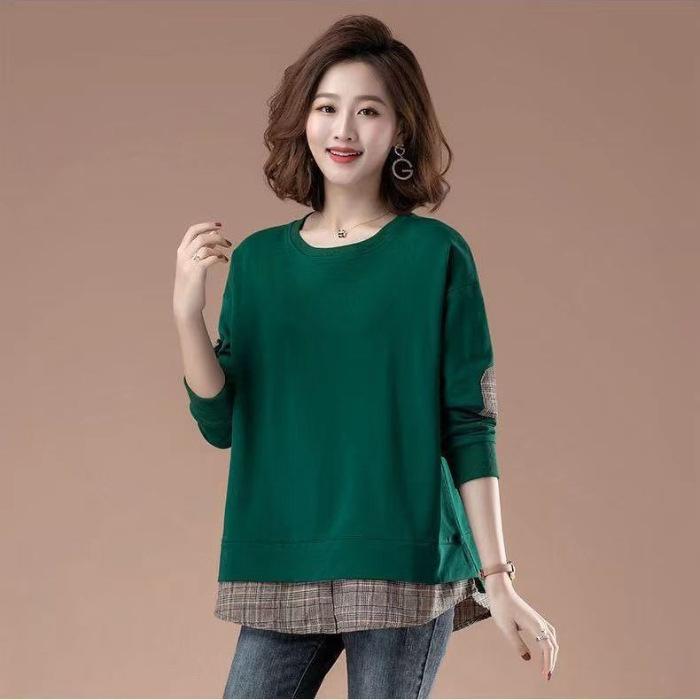 Autumn Style, Cotton-containing Fake Two-piece Sweatshirt for Women, Long-sleeved Autumn and Winter New Loose Top Jacket