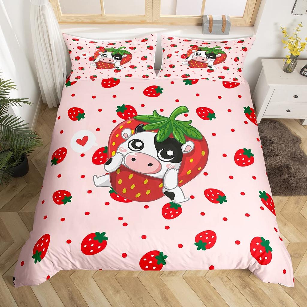 Strawberry Duvet Cover Full Size Comforter Cover Cute Strawberry Pattern Pink Decor Bedding Set for Kids Boys Girls Adults 3Pcs