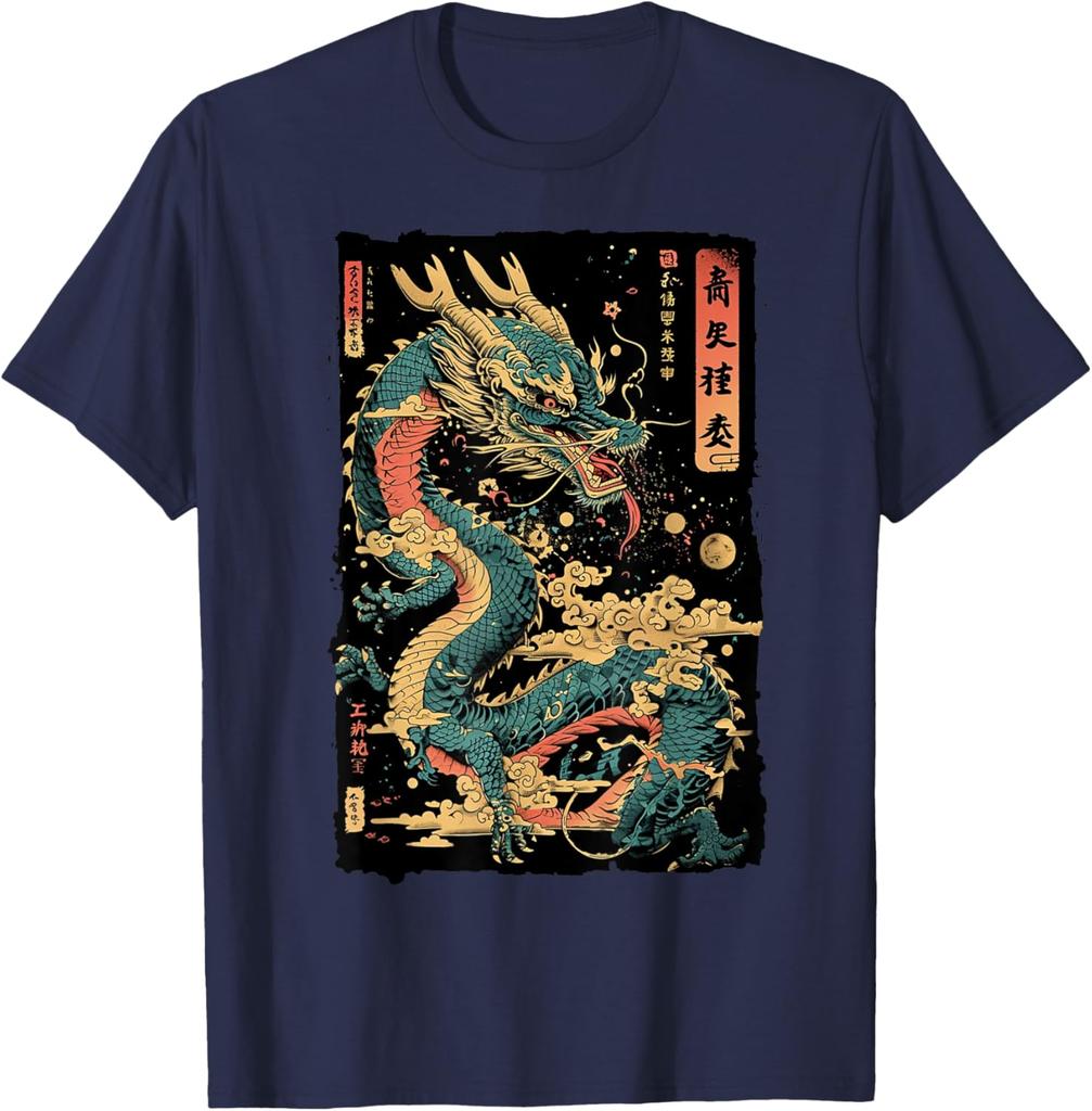 Japanese Dragon Graphic Tee Mens Casual Cotton Print Short Sleeve Crew Neck TShirt