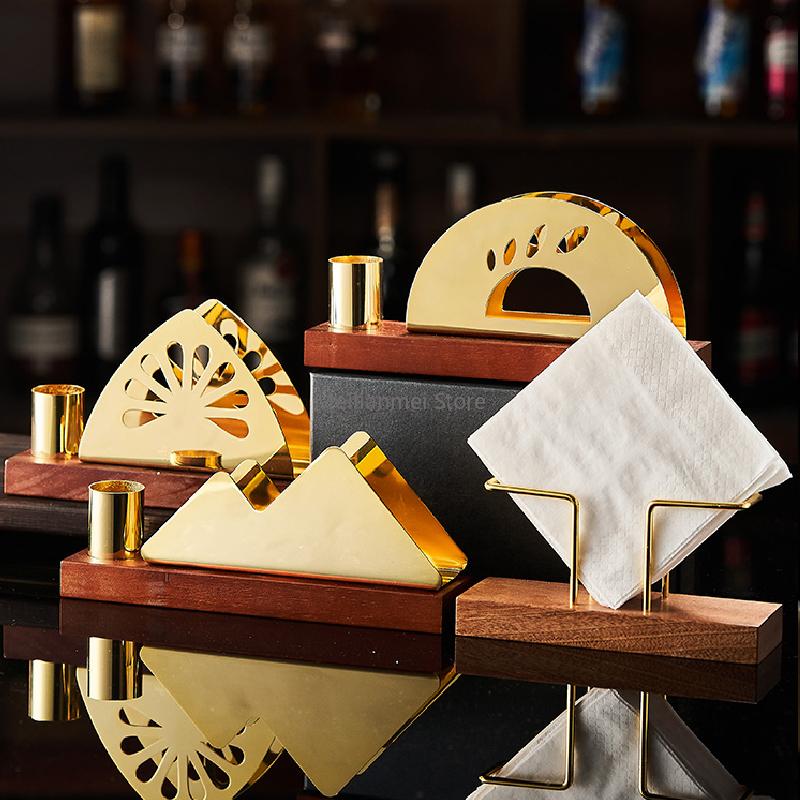 Stainless Steel Tissue Holder Toothpick Tube Gold-plated Napkin Storage Walnut Metal Napkin Rack Tableware Display Rack Gift