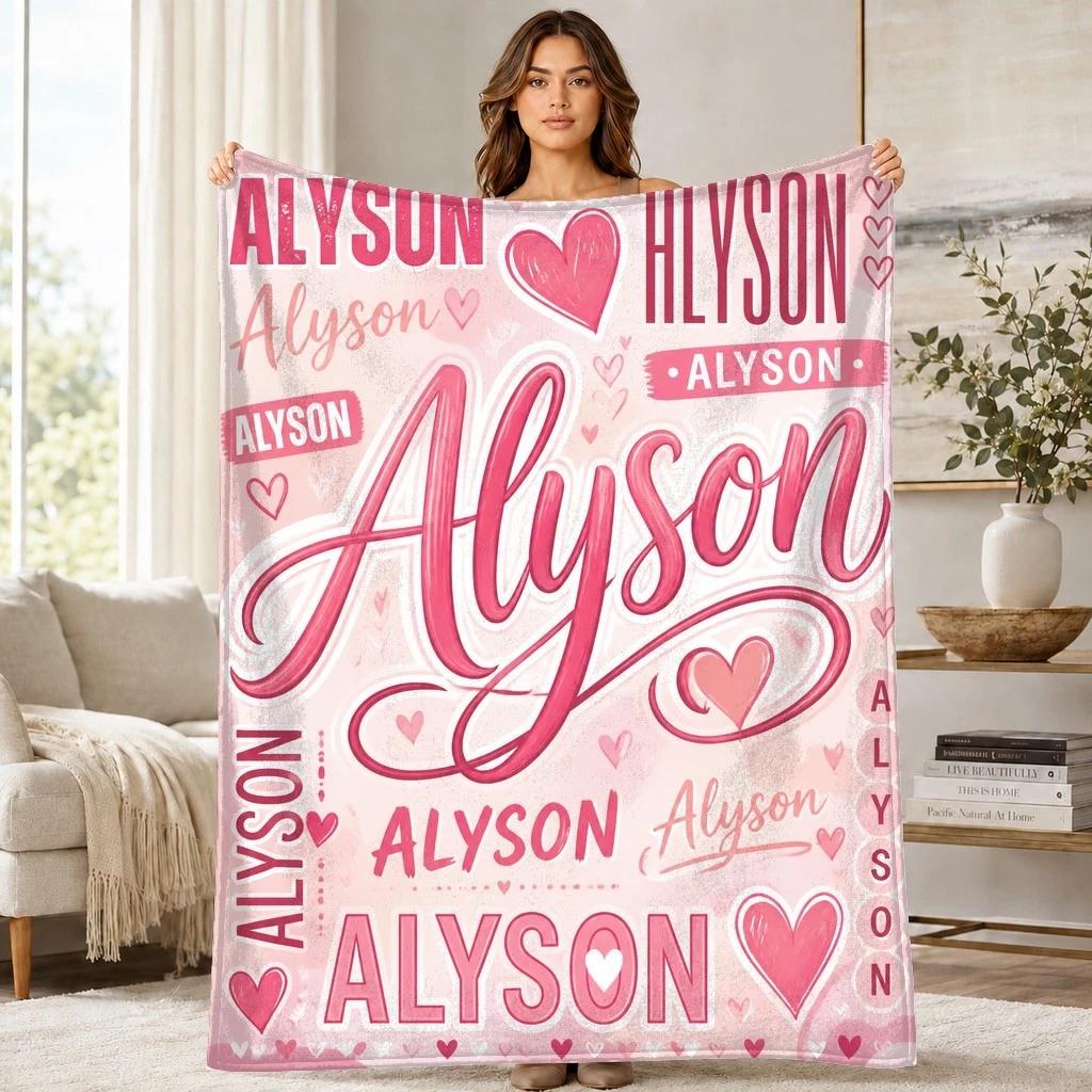Alyson Heart Collage Coral Fleece Blanket Personalized Name Decor