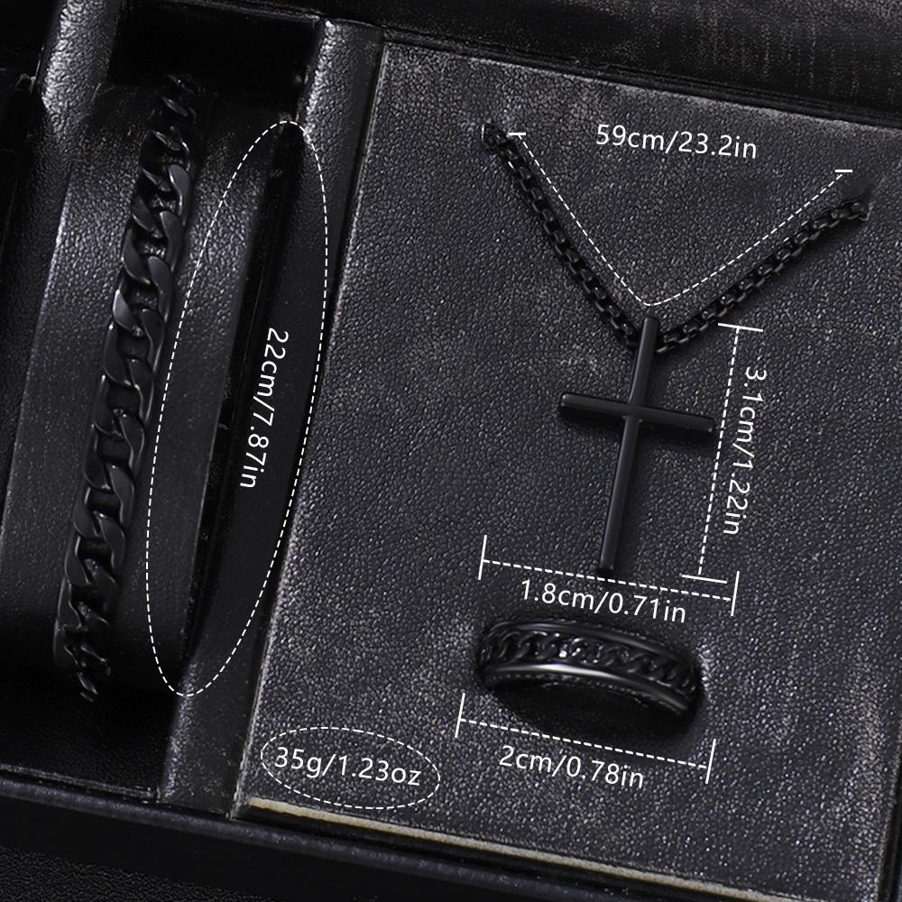 4PCS Black Men's Watch Set Business Trend Fashion Quartz Watch Bracelet Necklace Ring Set Perfect Gift Set for Friends or Dad