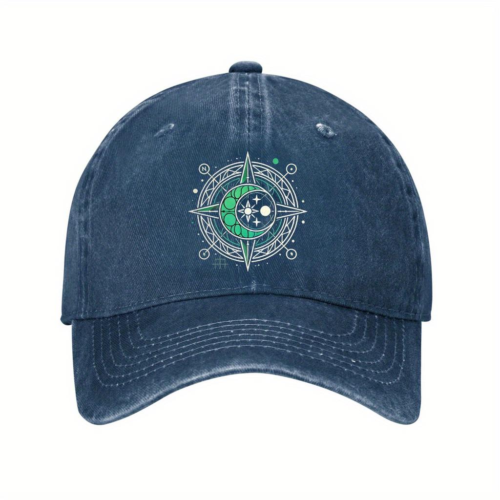 Celestial Compass Moon Stars Print Baseball Cap Distressed Denim Adjustable Unisex Outdoor Casual Hat