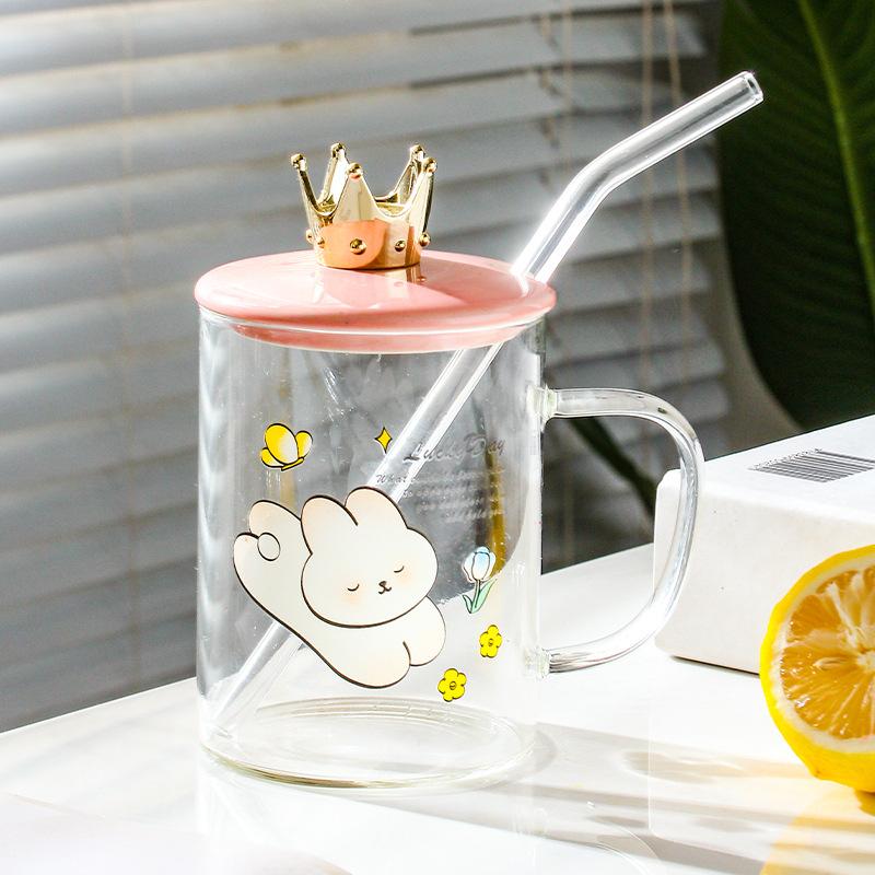 Keramiskt lock borosilikatglas sugrörskopp 500ML personlighet söt drickskopp stor kapacitet mugg med lock