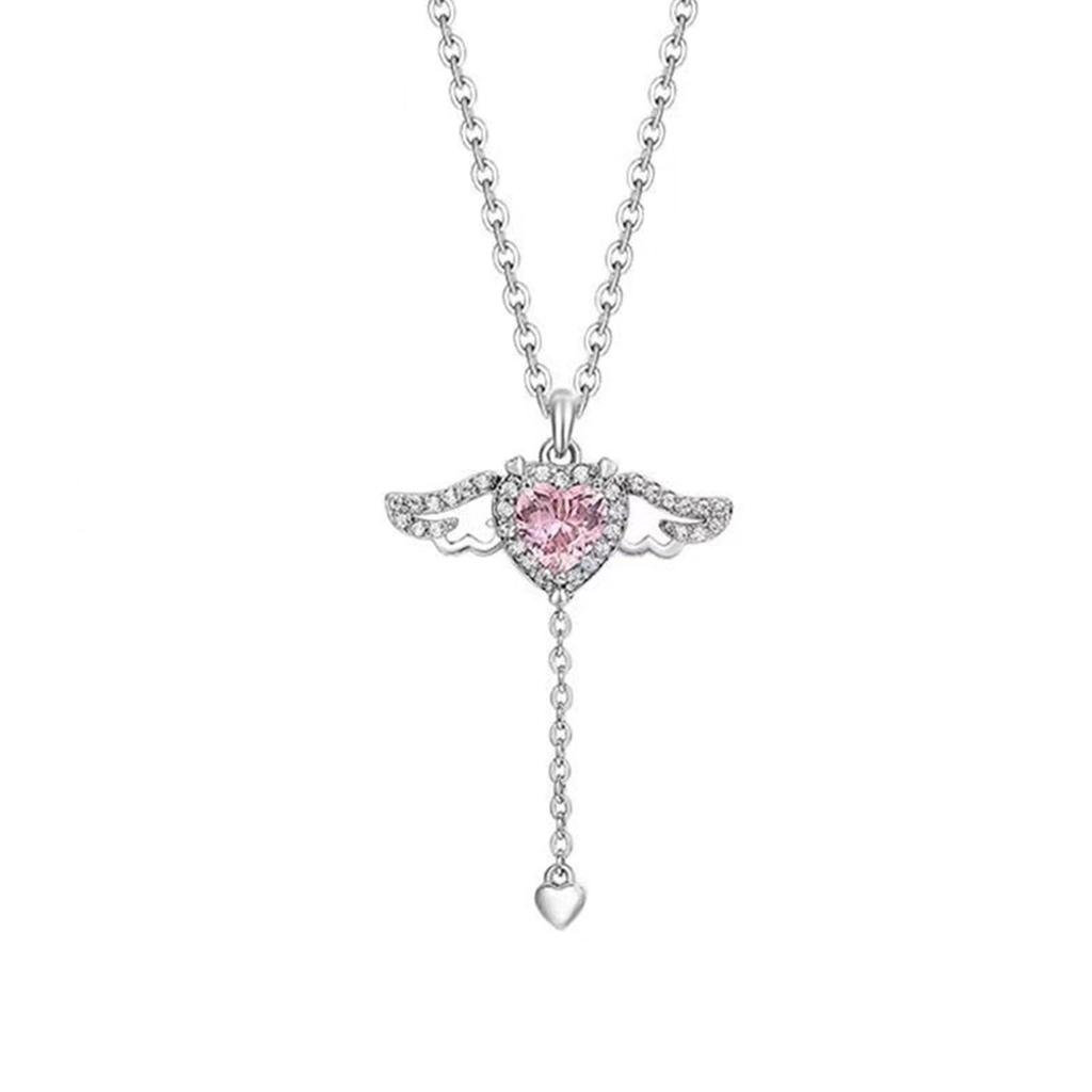 Y2K Crystal Zircon Heart Pendant Necklace Angel Wing Elegant Clavicle Chain