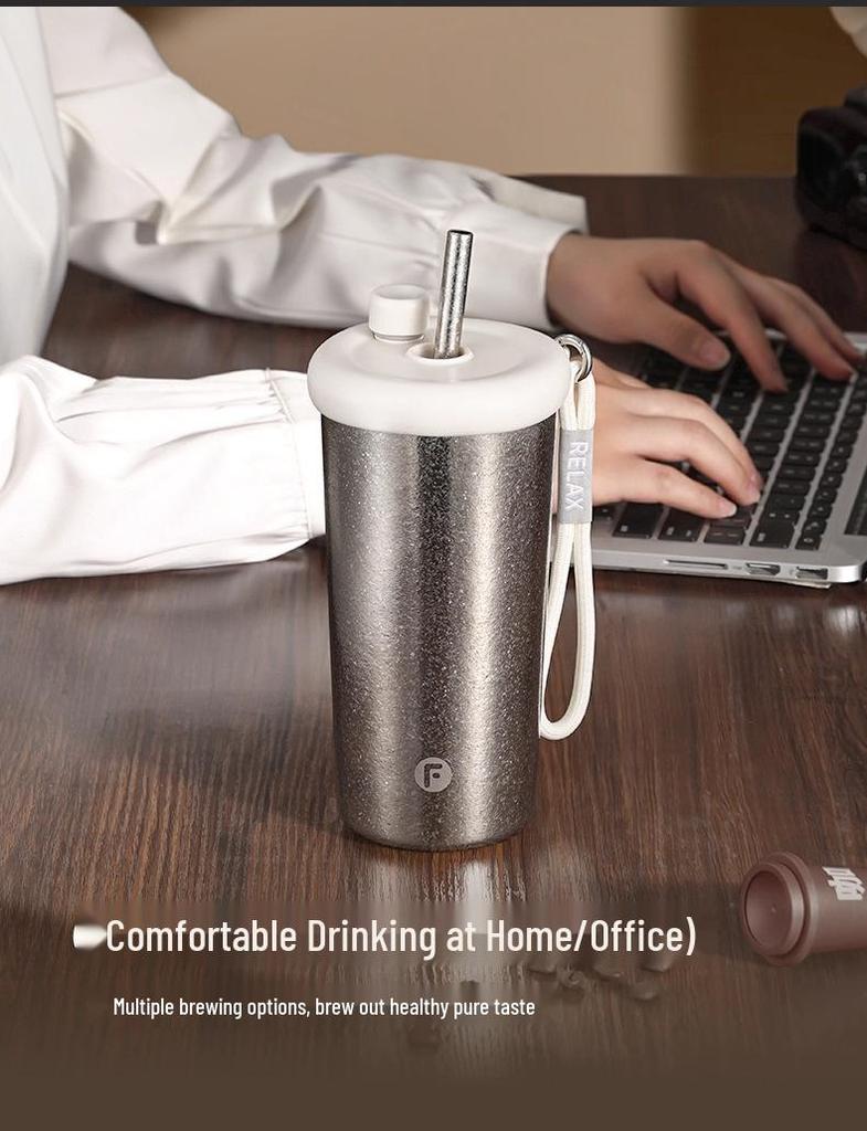 Fuguang Women's Pure Titanium Insulated Coffee Cup with Straw - Portable, High-Value Water Cup for Car Use, Gift-Ready with Printing.