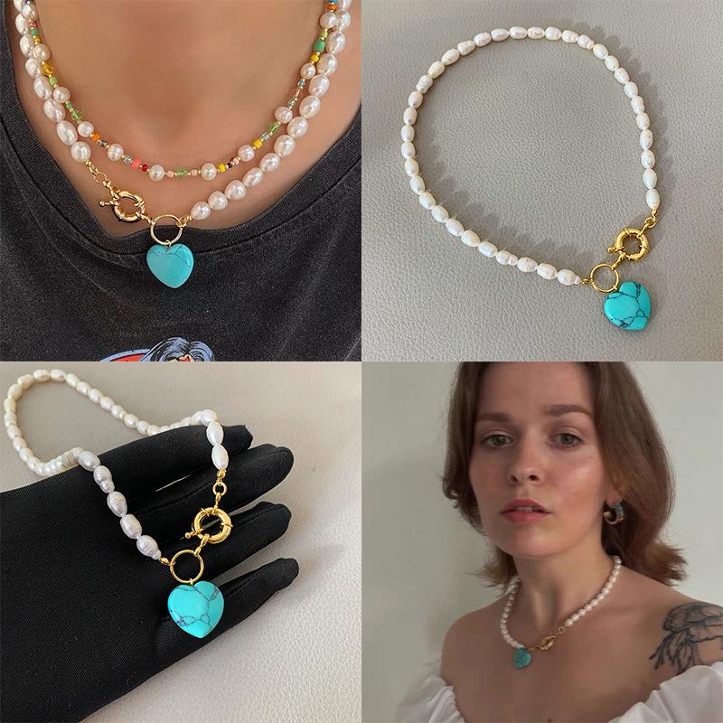 

Blue Pine Heart Pendant Necklace with Natural Freshwater Pearls - Niche Design Sweater and Clavicle Chain