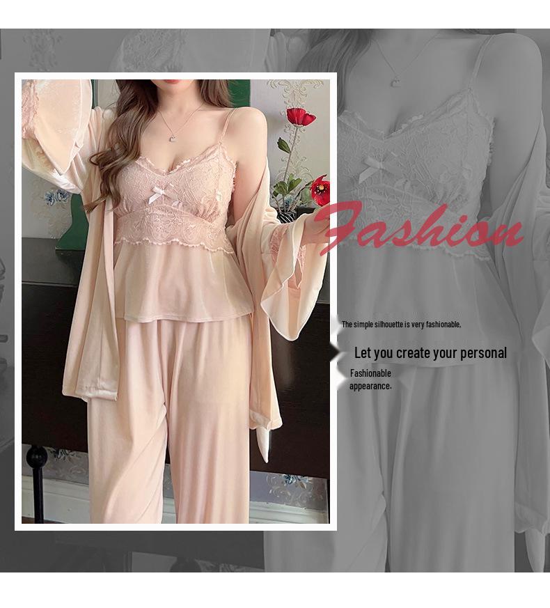 Goldener Samt Damenpyjama: Langärmiger Bademantel & Süßes Luxus 3-teiliges Set mit Brustpolstern