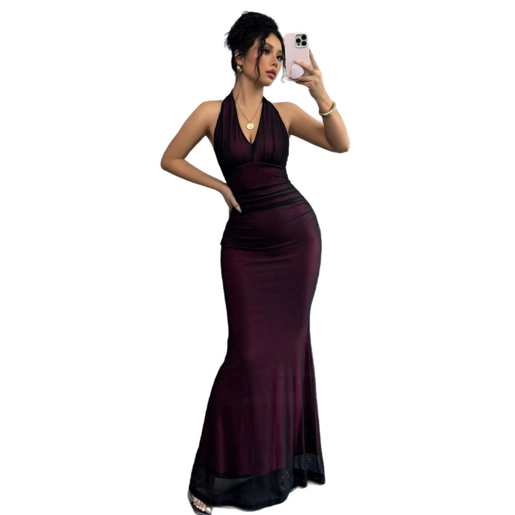 New hot-selling long backless mesh pullover V-neck women's dress dress new