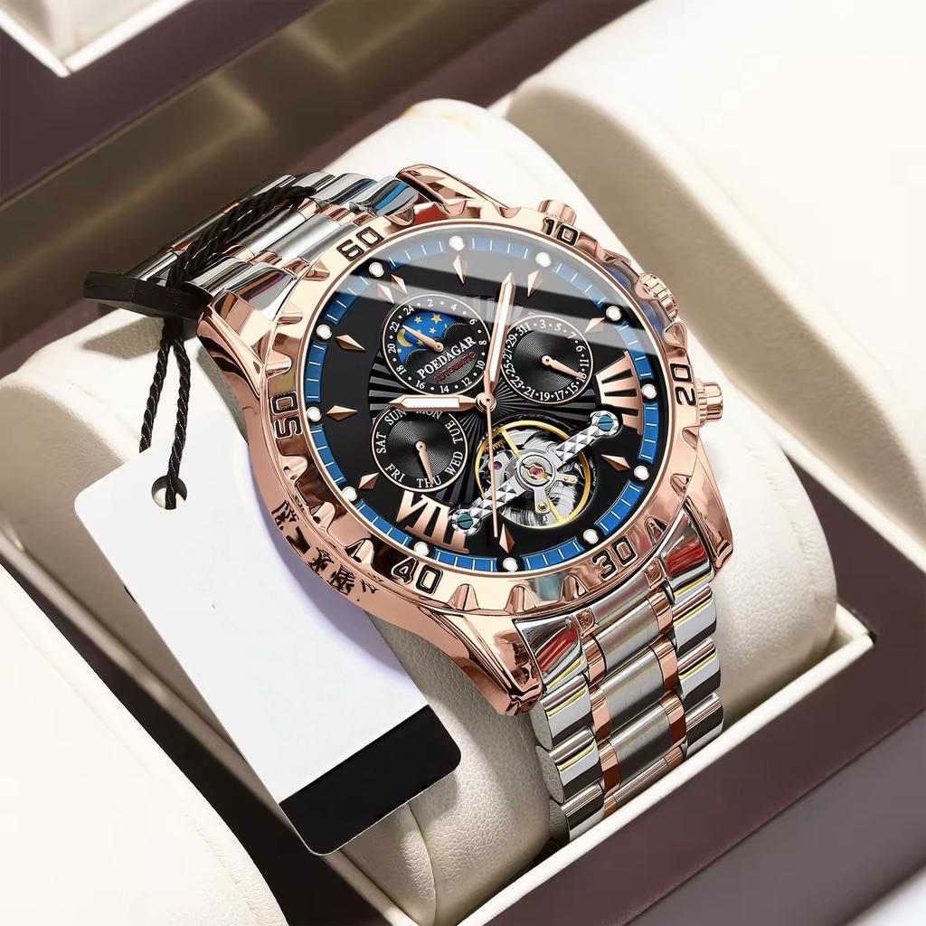 Für POEDAGAR 1410 Luxus Herren Automatik Mechanische Uhr Edelstahl Leuchtend Wasserdicht 22mm Armbandbreite Analoganzeige