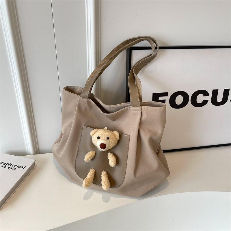 Adorable Large Capacity Canvas Shoulder Bag For Women With Cute Bear Design In Versatile Colors