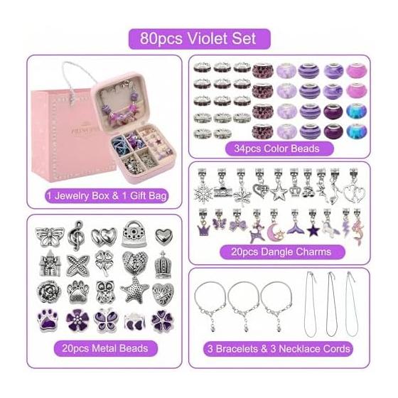 Accessory Kit Bracelet Making 80 Piece Set with Gift Box Stylish Charm Bead Play Birthday Present Gift (Purple)