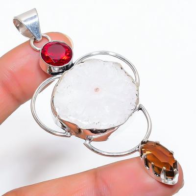 Natural White Solar Quartz Handmade 925 Sterling Silver Pendant 3.07" I2U57