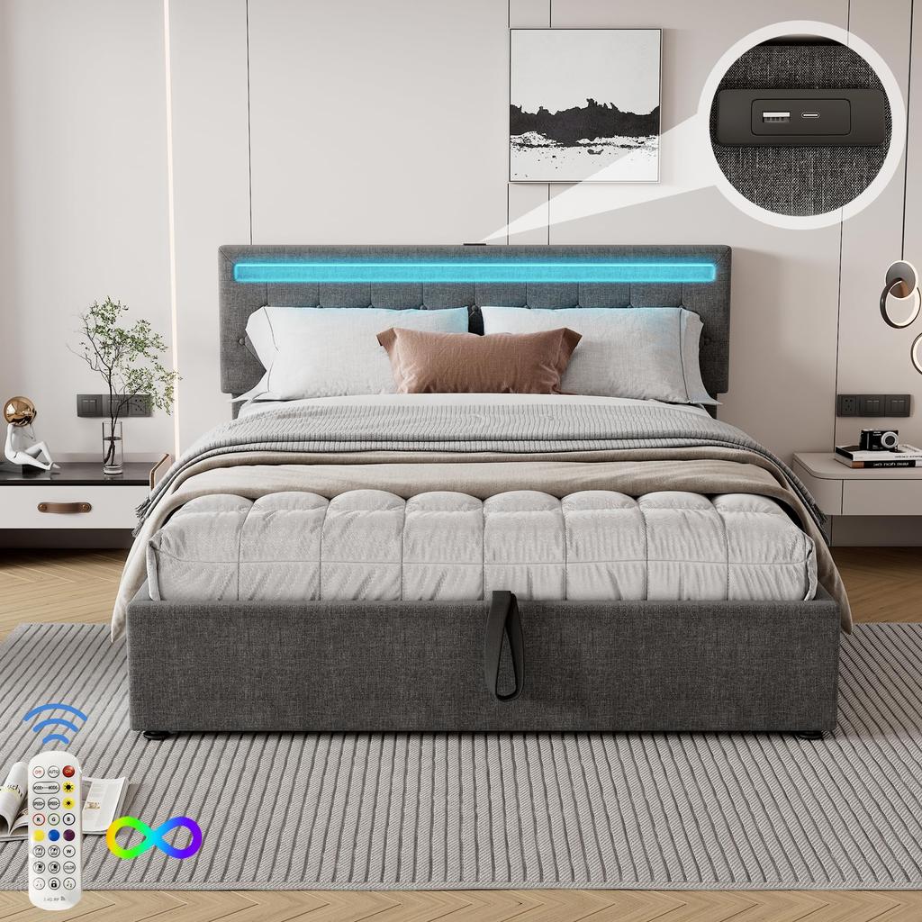 Upholstered Bed 160x200cm Hydraulic Double Bed Slat Base Headboard Outlets Ambient Lighting Storage Space Adults Teenagers Without Mattress Grey