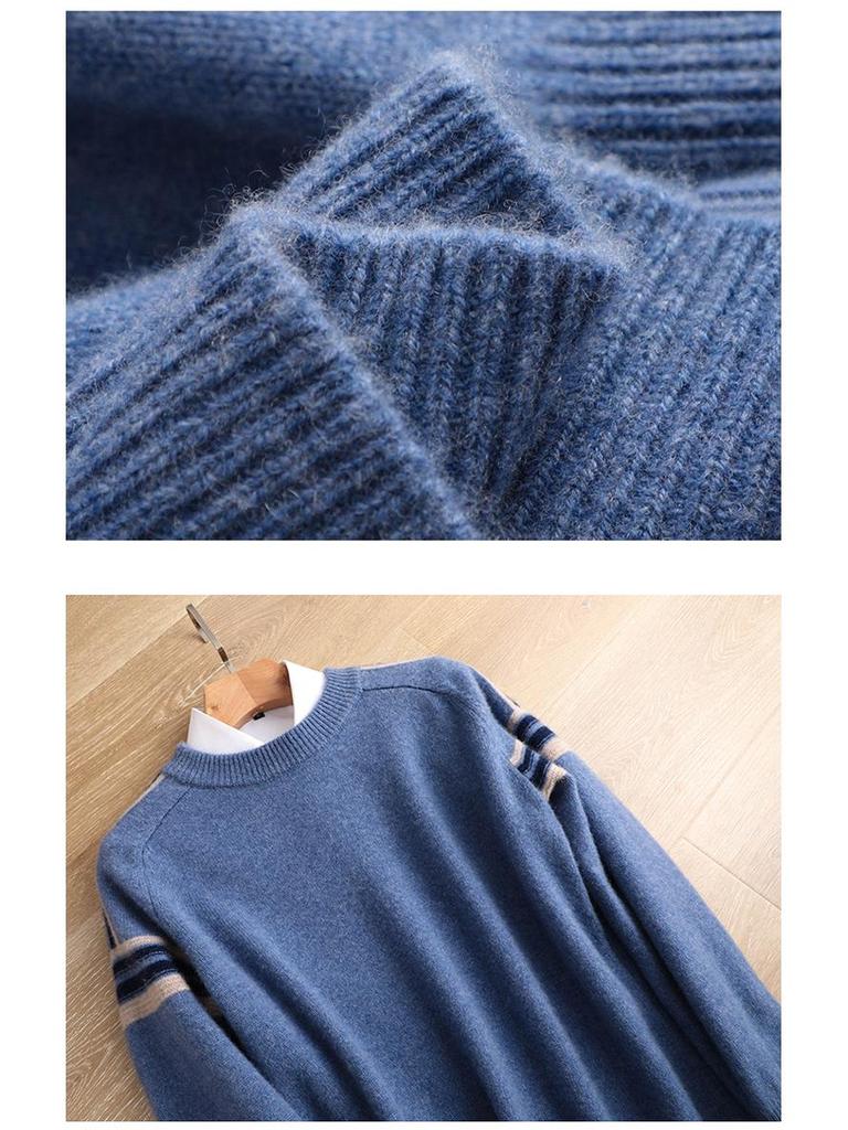 Men's Cashmere Wool Color Block Round Neck Sweater, Korean Style Loose Casual Knit Pullover, Plus Size for Autumn/Winter