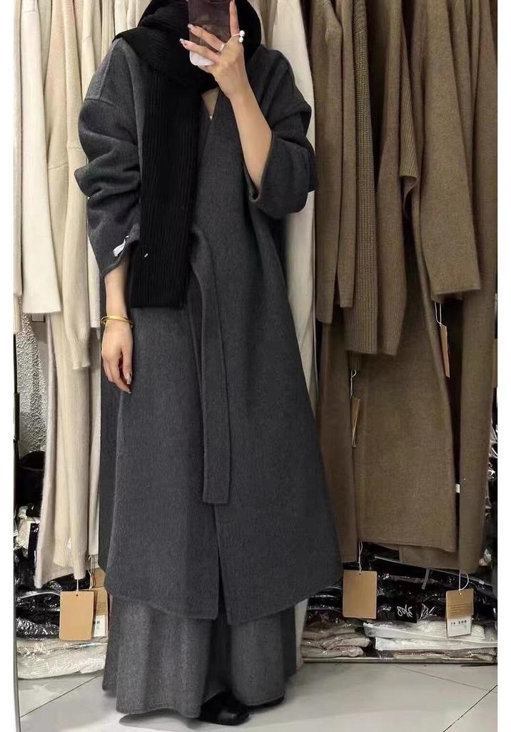 2025 V-neck Double-sided Wool Coat with Flowing Ribbon - Women's Autumn/Winter Design