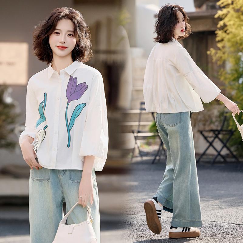 

Модная рубашка качества люкс с рукавом три четверти с принтом, весенне-осенняя новинка, топ, хлопковая белая рубашка XL