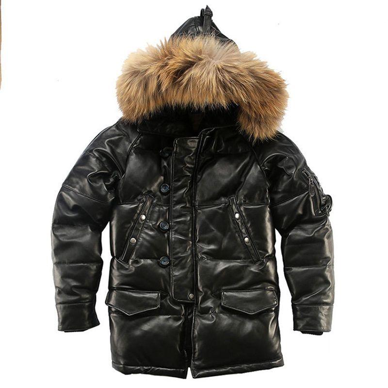 

Mid-Length Genuine Leather down Jacket for Men, Direct from the Manufacturer, Casual Hooded Sheepskin down Leather Jacket Black 2XL