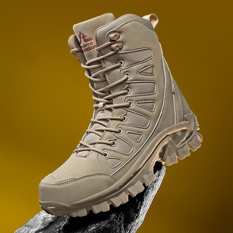

Outdoor High Top Hiking Mountaineering Shoes Men s Thick Soled Combat Training Military Boots Oversized Travel Wide Toe 46 бежевый