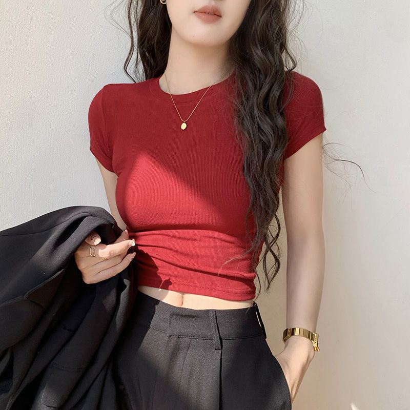 Summer New Thread Round Neck T-Shirts Women's Clothing Short Sleeved Tight Fit All-match Simplicity Korean Temperament Chic Tops