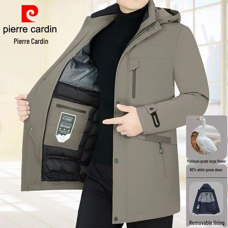 Pierre Cardin Men's Mid-Length Goose Down Jacket with Removable Liner - Thickened, Warm Winter Outerwear.