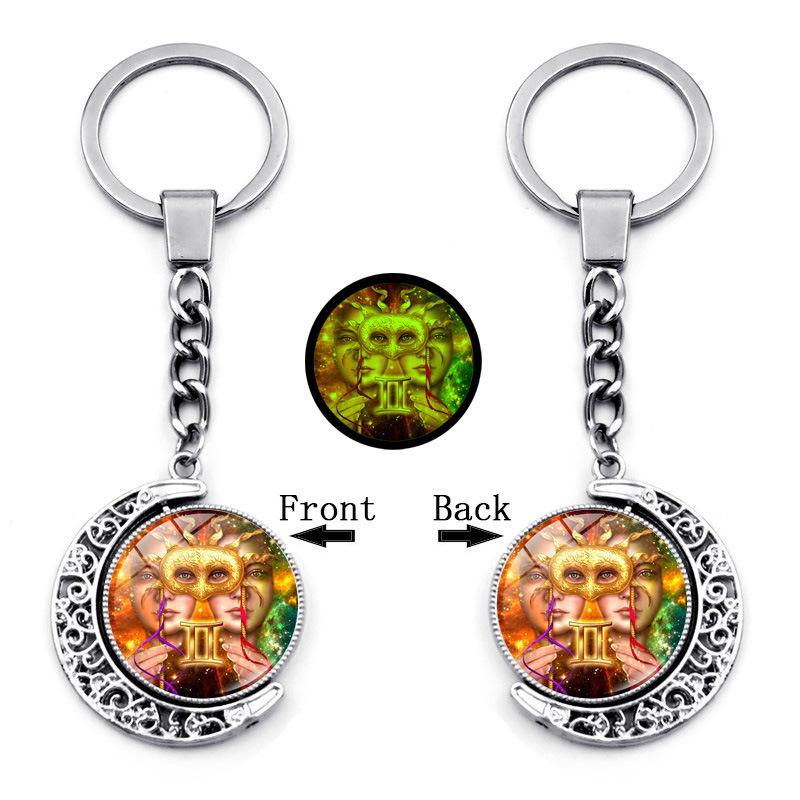 Luminous Twelve Constellations Time Gemstone Keychain Pendant Rotating Moon Pendant Metal Keychain Hanging Gift