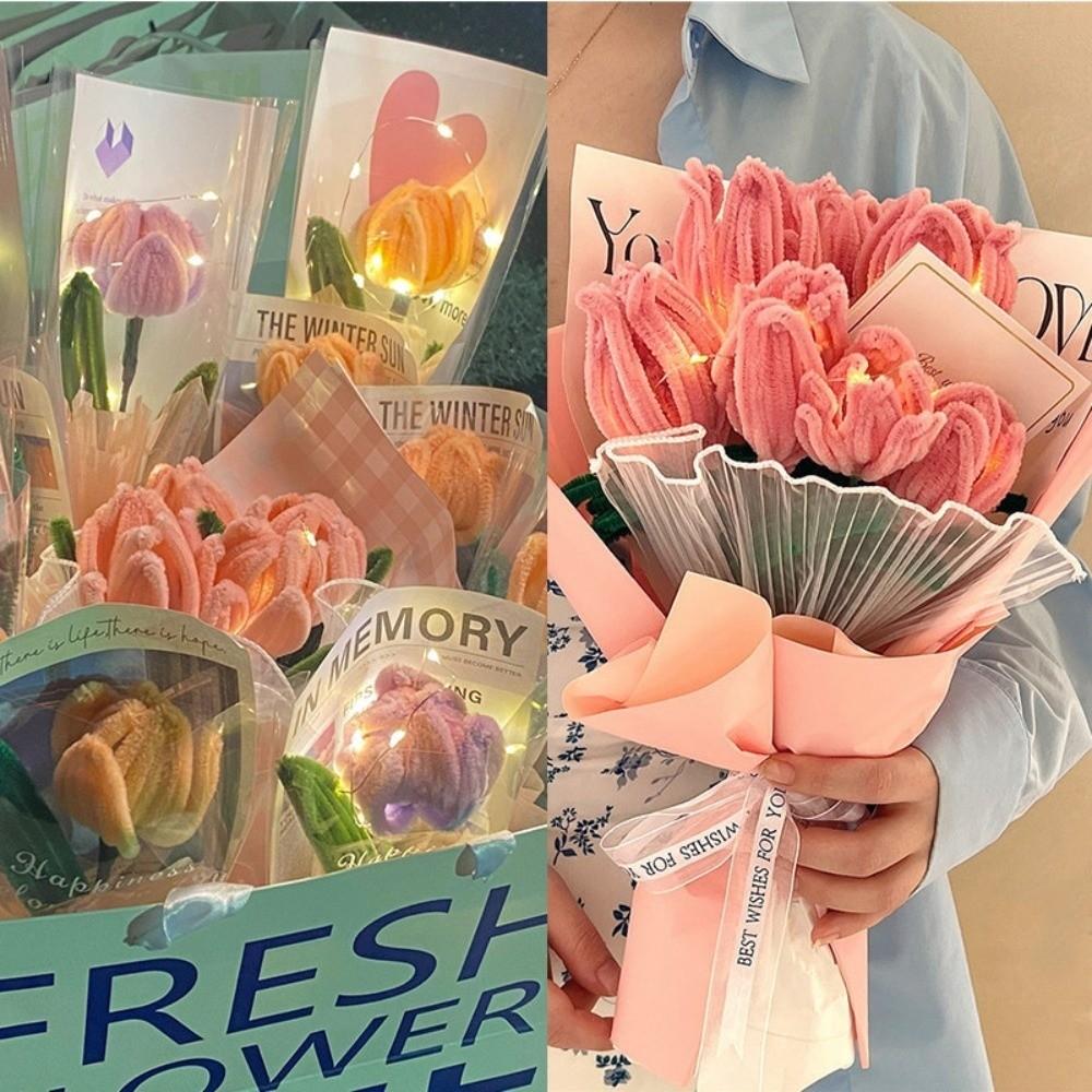 Tulip Rose Macaron Color Fuzzy Wire Material Package Encrypted Fur Strip Root Top Knitting Super Density DIY Flower Bouquet