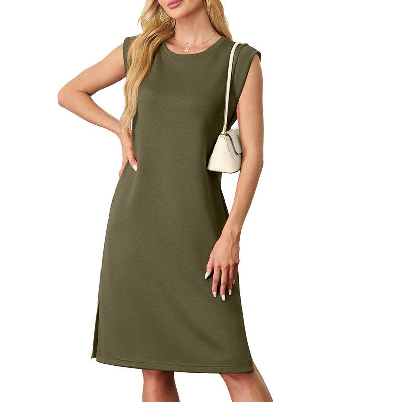 European and American women's clothing summer round neck casual loose split sleeveless medium and long dress