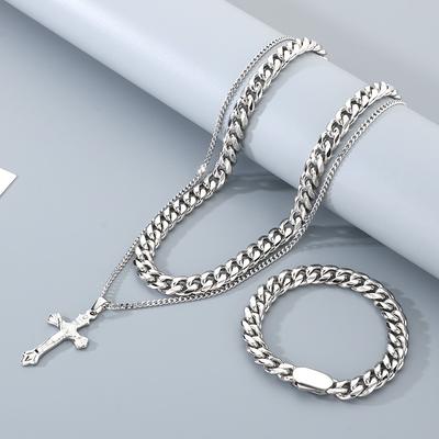 Colares de Corrente Empilhados, Colar Vintage Hip Hop Cruz Aço Titânio Corrente Cubana Pulseira Masculina