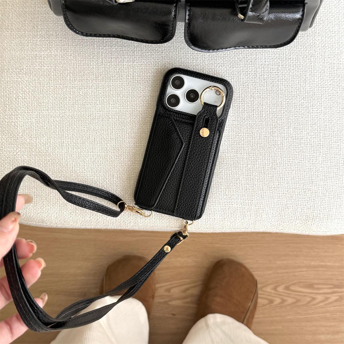

Leather Wallet Ring Wrist Strap Phone Case with Card Slot for iPhone Air 17 16 15 14 13 12 11 Pro Max Crossbody protective Cover iPhone17 Pro чорний