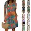 Women's Fashion Retro Print Round Neck Short Sleeve Buttoned Casual Dress