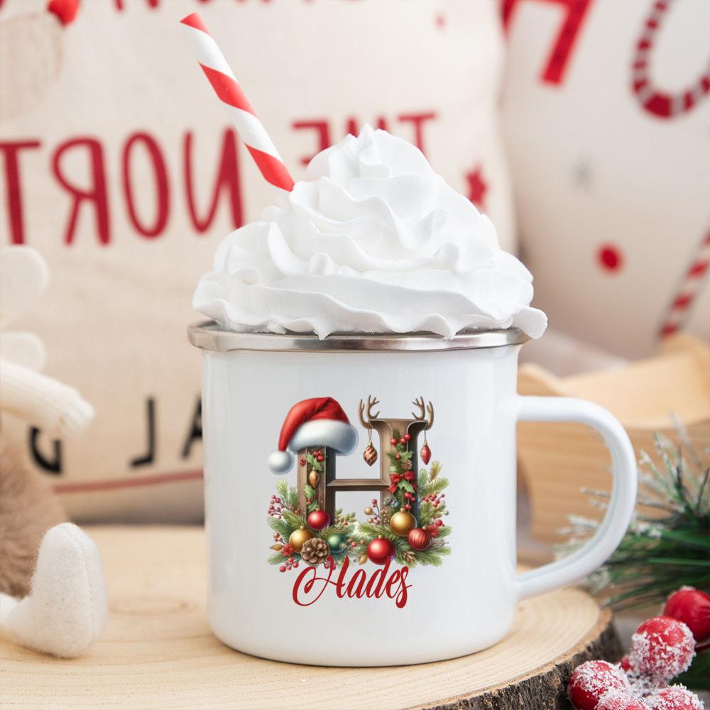 Personalisierte Tasse mit individuellem Namen 26 Buchstaben Emaille Weihnachtsbecher, Geschenk für sie, Weihnachts-Kaffeetasse, Frohe Weihnachten Geschenk