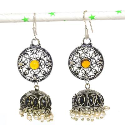 Natural Indian Look Jhumki Gemstone 925 Sterling Silver Earring 2.76" D1c45