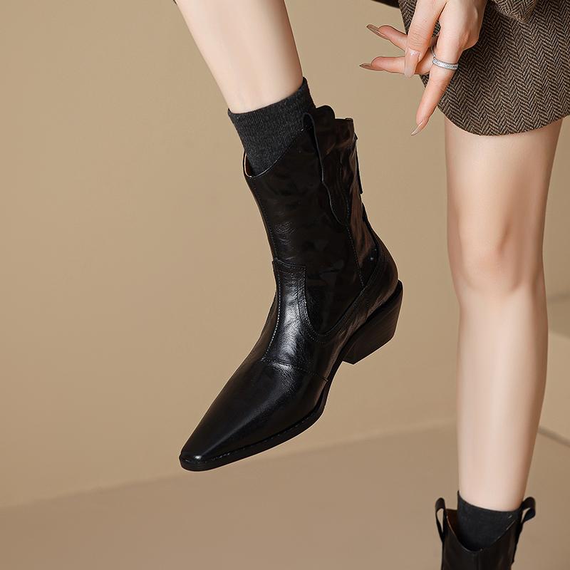 Fashion 2024 Autumn/Winter Women Boots Pointed Toe Med Heel Chelsea Boots Genuine Leather Shoes for Women Western Ankle Boots