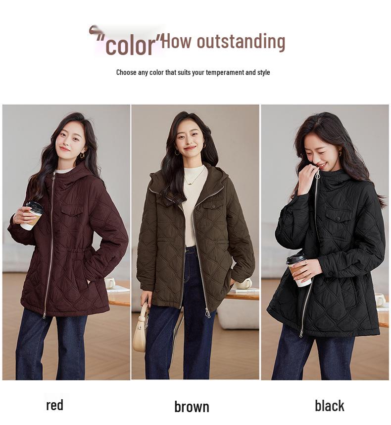 Women's Winter 2024 Hooded Cotton Coat: Mid-Length, Waist-Cinching, Slimming, Casual Style for Middle-Aged Moms.