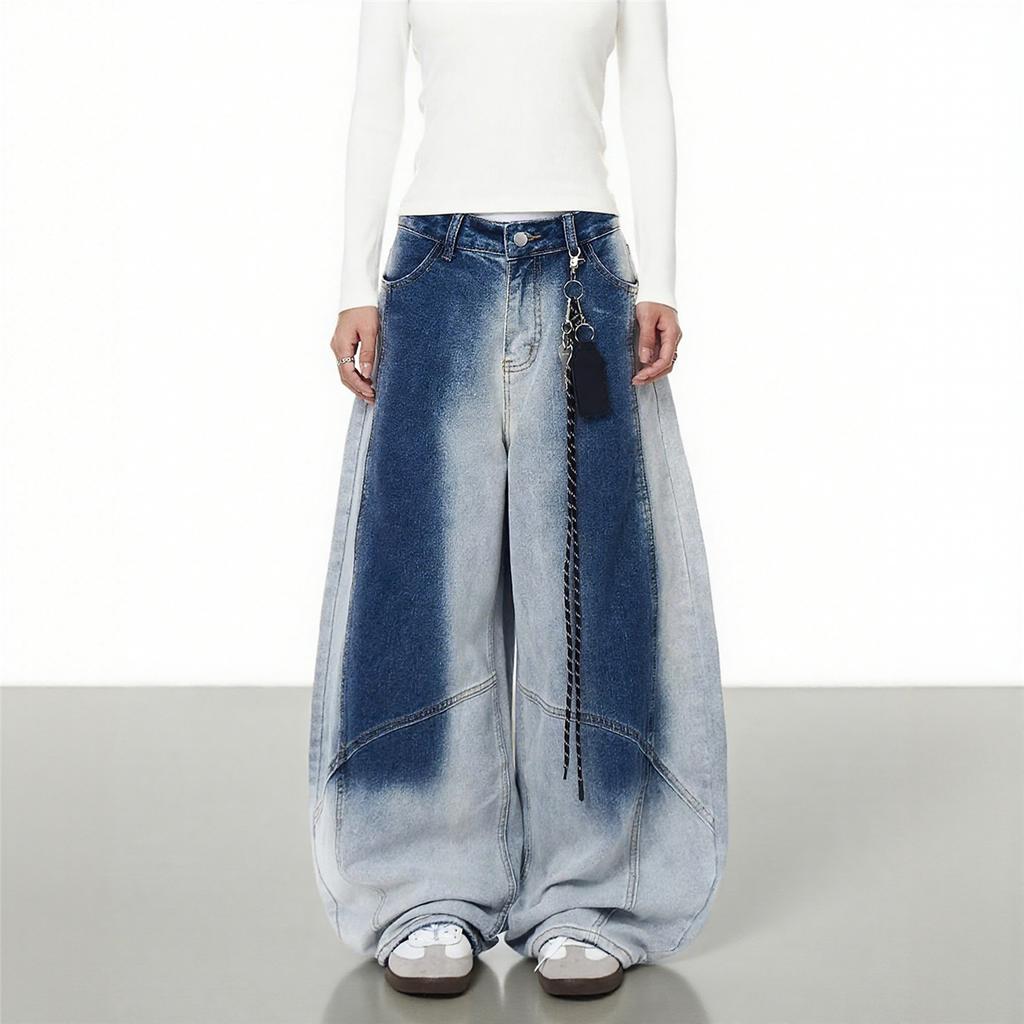 Neue Vintage-Jeans für Damen in Übergröße, Farbverlauf, gewaschen, ausgestelltes Bein, lockere Wide-Leg-Denim-Hose für Streetstyle, Herbstmode
