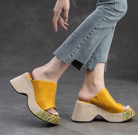 Fashion 8cm Natural Cow Genuine Leather Women Wedge Platform Sandals Peep Toe Slippers Fashion Summer Embroidery Fashion Shoes
