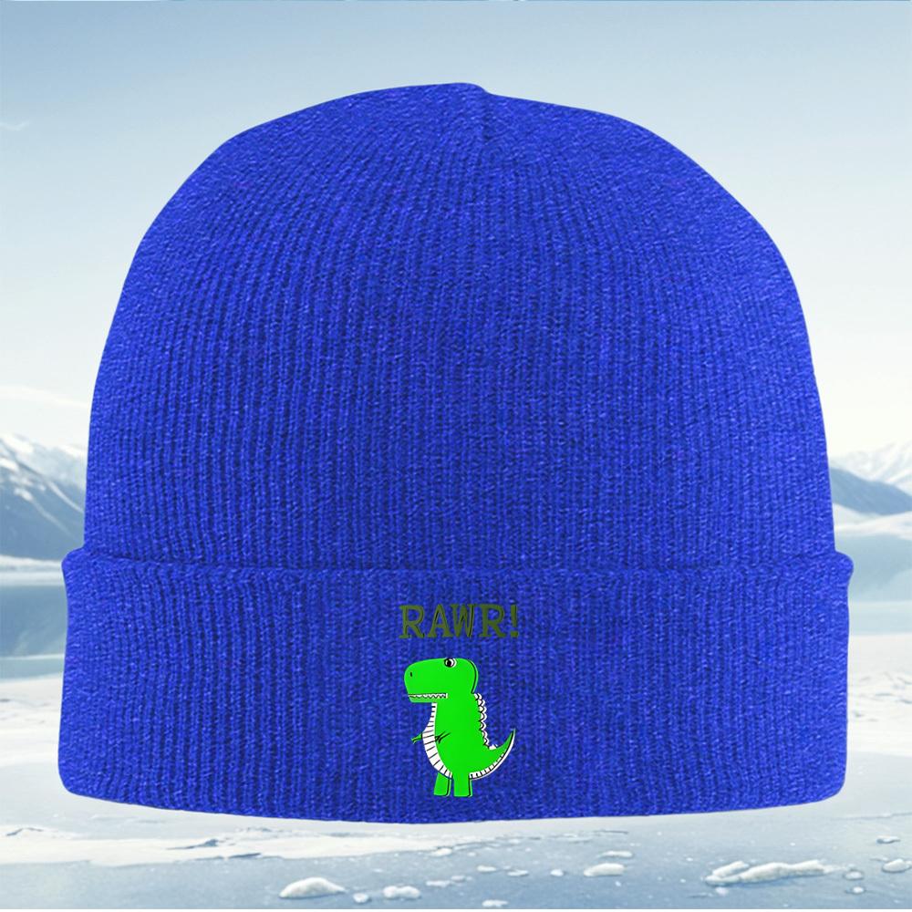 Green dinosaur says 'RAWr'! Cute cartoon Men Women Unisex Knitted Hat Beanie Pullover Cap Winter Thermal Warm Christmas Outdoor