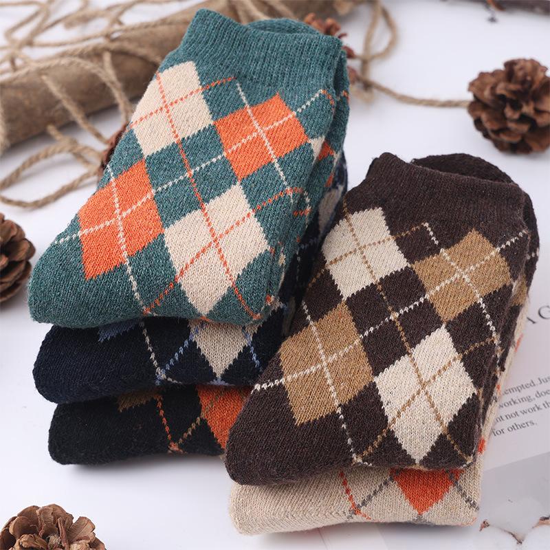 5 Pairs Autumn And Winter Thickened Diamond Curry Mid-Calf Socks Warm Women's Socks Stacked Socks Wholesale Wool Socks Diamond Retro Terry Socks