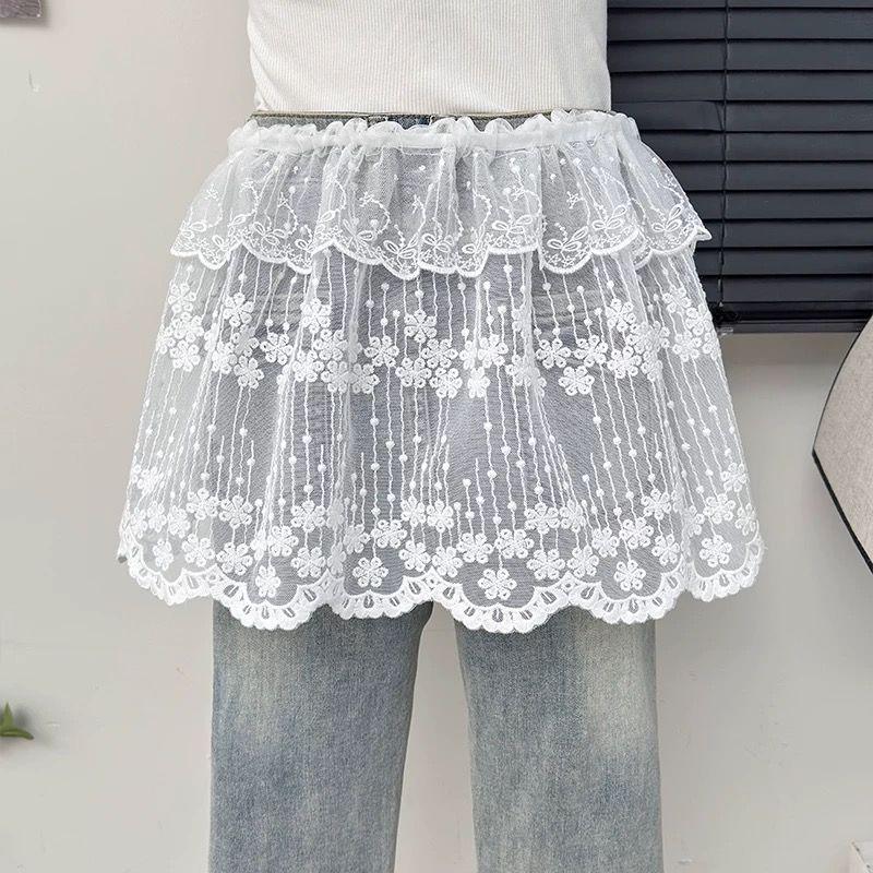 

Весна/Лето 2025 Корейская Белая Сетка Кружево Пеплум Миди Юбка: Универсальный, Завязывающийся, Многослойный, Прикрывающий бедра One Size
