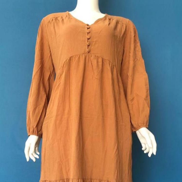 Women Long Sleeve Bohemian Cotton Linen Swing Dress Oversized V Neck Flowy Tiered Ruffle Pleated Long Dress