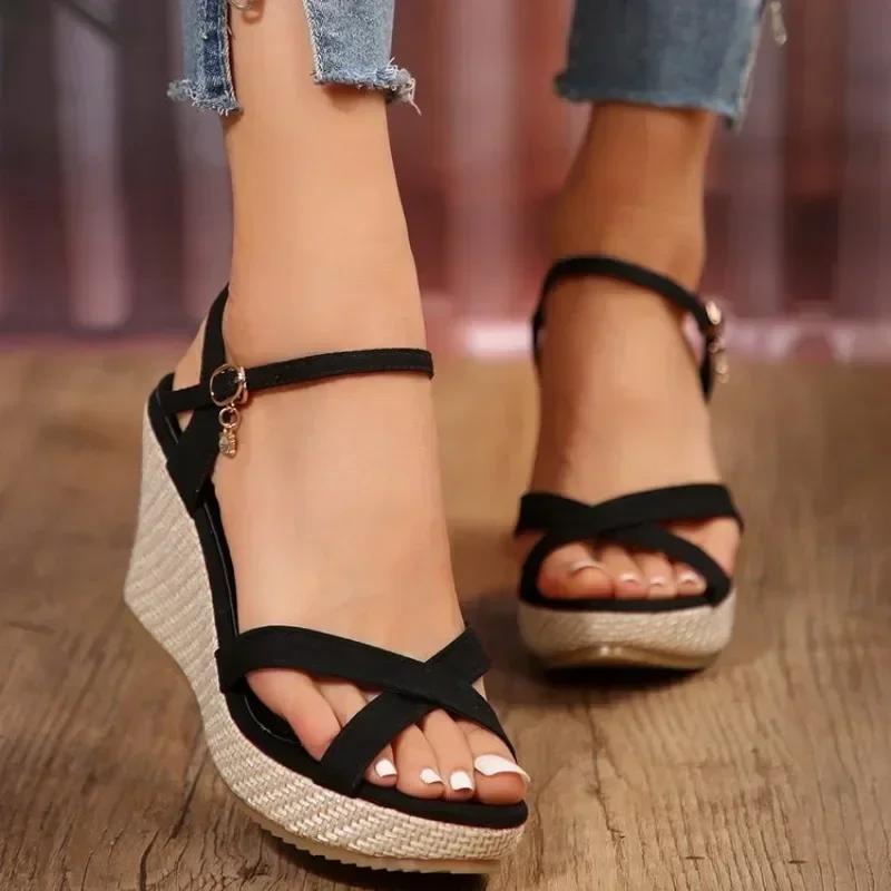 2026 Black Beige Wedge Sandals for Women's Heel Platform Fish Mouth  Strap Fashion Shoes Female Summer Buckle Strap Sandal